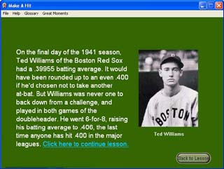screen shot of Great Moments page about Ted Williams' .400 season